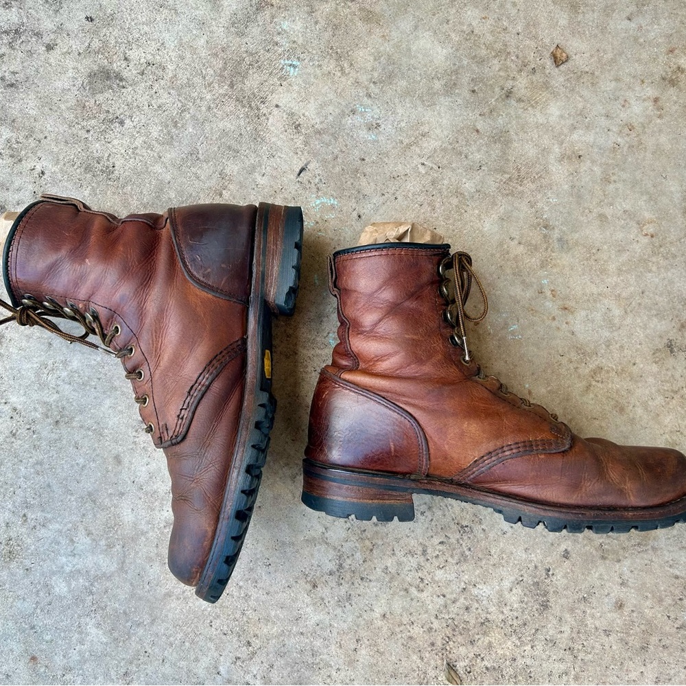 FRYE x Vibram men’s brown leather logger boots size 10.5 USA lug sole